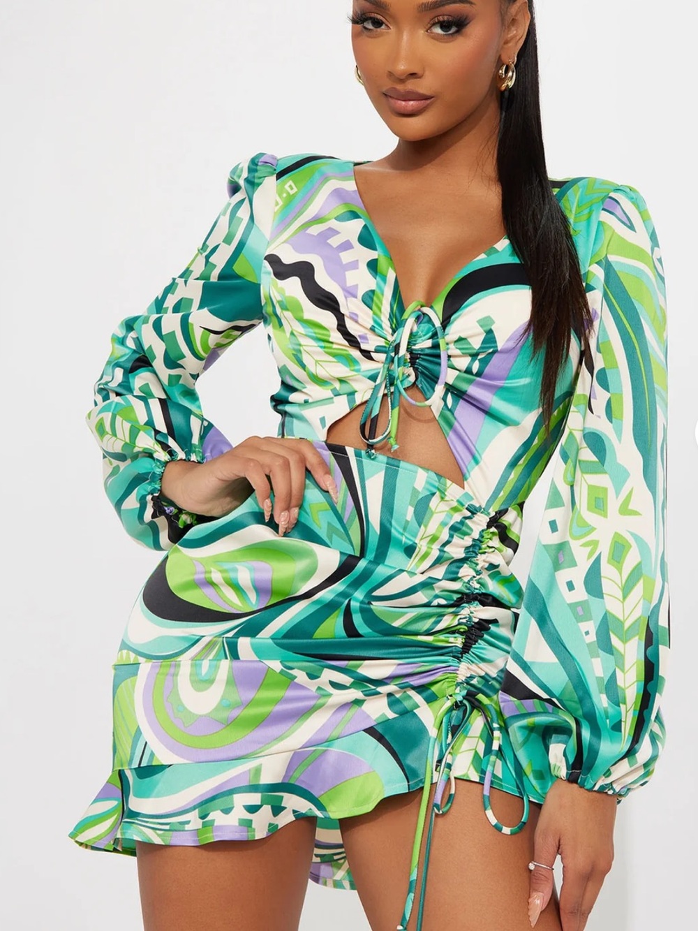 Fashion Nova Green Multi-Print Drawstring Swim Cover-Up Dress